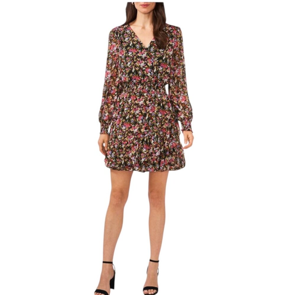 MSK Women's Floral-Print Smocked Fit & Flare Dress V-Neckline Size L